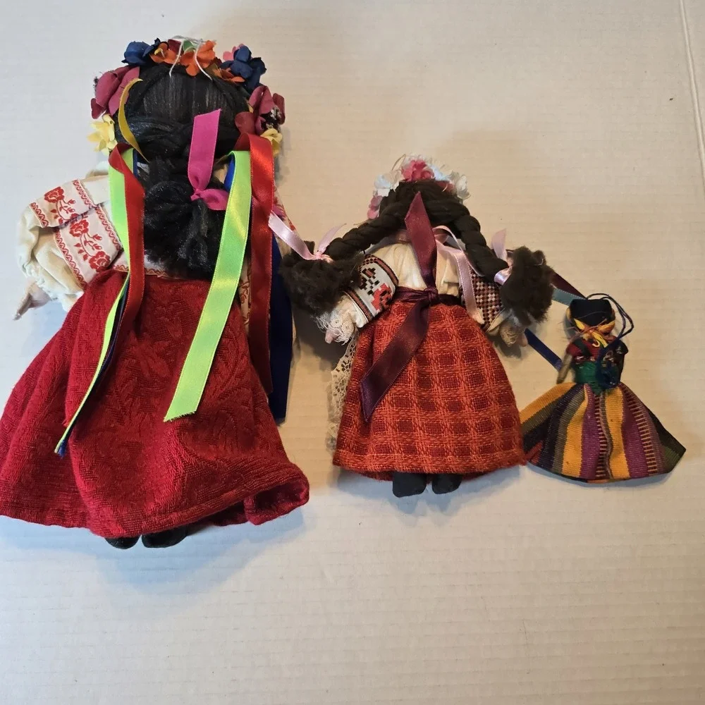 Vintage Handmade Cloth Dolls – Lot of 3 – Folk Art Traditional Clothing Embroide